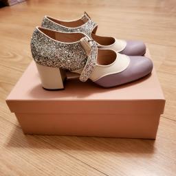 Miu Miu beige purple glitter block heels image 1